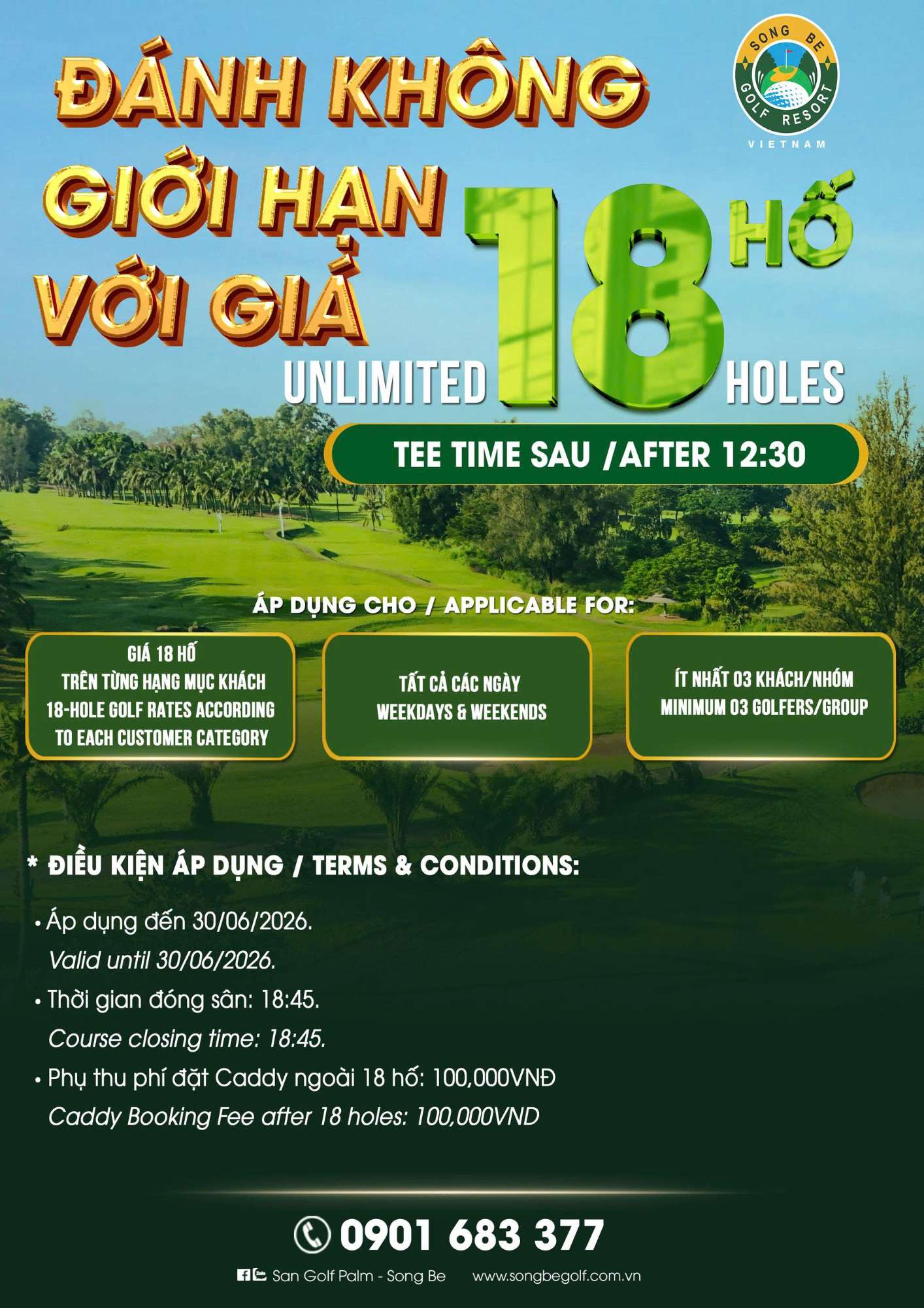 ĐÁNH KHÔNG GIỚI HẠN VỚI GIÁ 18 HỐ – TEE TIME SAU 12:30